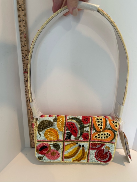Handcrafted in India Handbags - * Beaded Fruit Mosaic Mini Shoulder Bag - Yellow Accents on a Striped Background